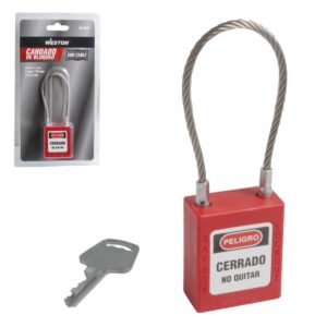 CANDADO DE BLOQUEO ROJO CON CABLE 175MM (CAJA C/10 PZAS - PRECIO X PIEZA)